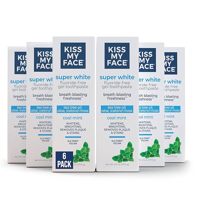 Kiss My Face Super White Toothpaste Gel, Cool Mint Flavor, Removes Plaque and Stains, Teeth Whitening Toothpaste, Fluoride Free, Vegan, 4.5 oz, 3 Pack