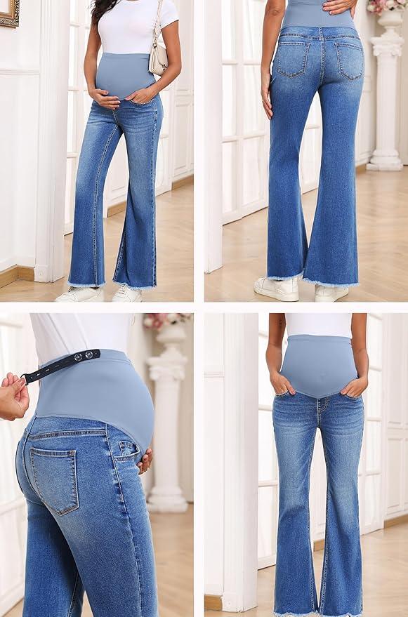BLENCOT Maternity Jeans for Women Over Belly Pregnancy Pants Comfy Pregnant Jeans Flare Denim Jeans with Pockets