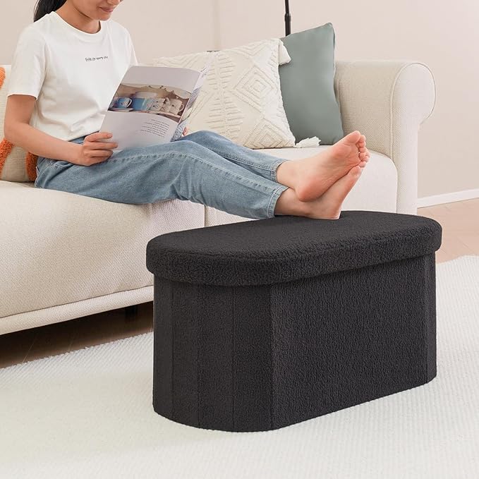 B FSOBEIIALEO Ottoman with Storage for Living Room, Sherpa Folding Storage Ottoman Foot Rest, 30 Inches Collapsible Bedroom Bench Dark Grey