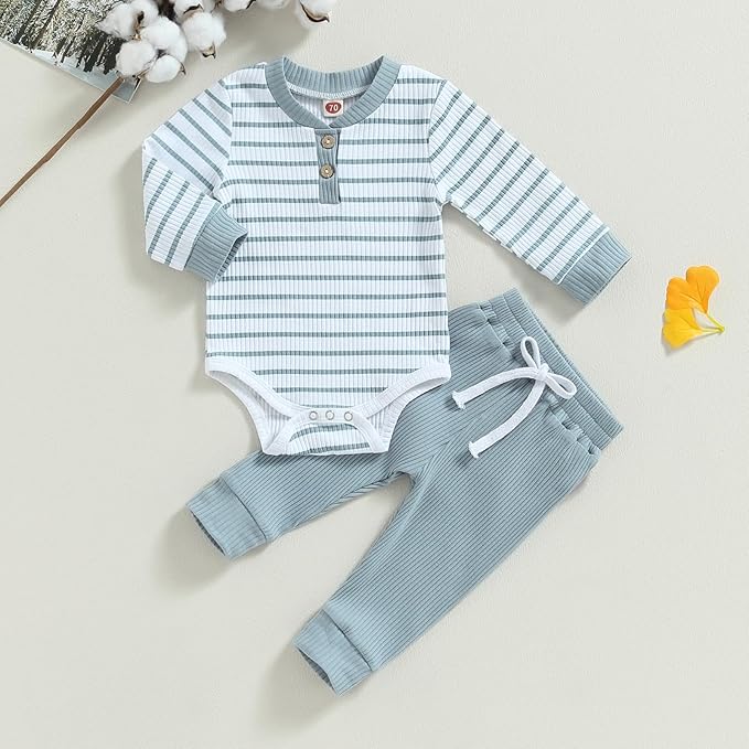 Newborn Baby Boy Girl Clothes Ribbed Knitted Long Sleeve Romper Pants Solid Cotton Infant Fall Winter Outfits 2Pcs
