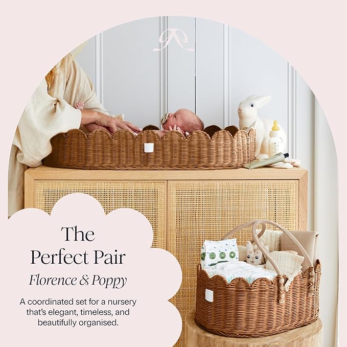 BEBE BASK Premium Baby Changing Basket - Artisan-Crafted Scalloped Rattan - Changing Basket for Baby Dresser - All Accessories Included - Complete Set for Nursery (Mocca)