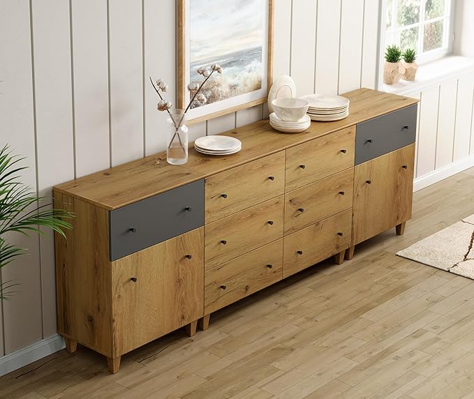 WAMPAT 8 Drawers Dresser Chests for Bedroom, 3-in-1 Modern Oak Brown&Dark Grey Wood Closet Storage Organizer Furniture with Door and Adjustable Shelves for Kids Room, Nursery, 94.4" Wide