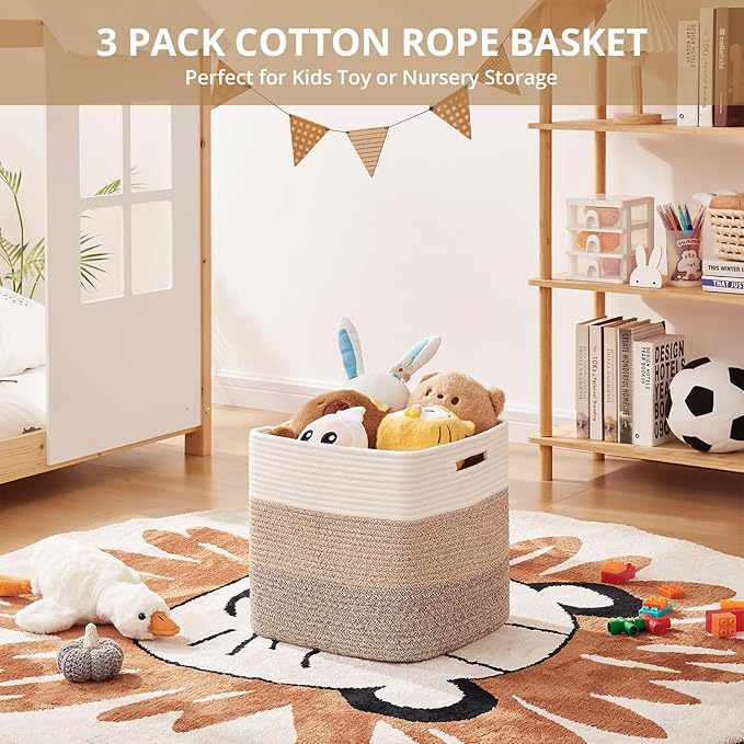 OIAHOMY 13 Kallax Inch Cube Storage Bins, 3-Pack Cotton Rope Woven Baskets for Organizing, Kallax Insert Storage Baskets for Shelves, Baby Nursery, Closet Organizer, 13*13*12.6IN, Gradient Brown