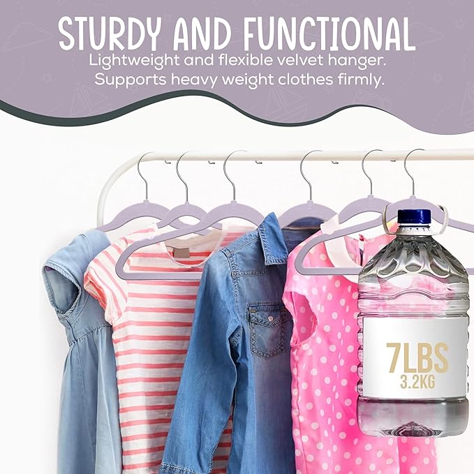 50 Premium Kids Velvet Hangers - 14'' Non-Slip, Ultra-Slim & Space-Saving Hangers - 360° Swivel Hook, Strong & Durable for Children & Preteens - Purple