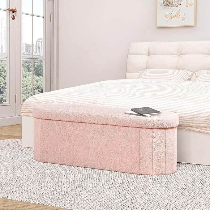 B FSOBEIIALEO Ottoman with Storage for Living Room, Sherpa Folding Storage Ottoman Foot Rest, 43.3 Inches Collapsible Bedroom Bench Pink