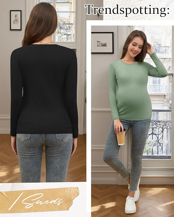 Riyiper 3 Pack Women's Maternity Shirts Long Sleeve Ribbed Knit Pregnancy Tees Cotton Crewneck Tunic Clothes Casual Fall Tops