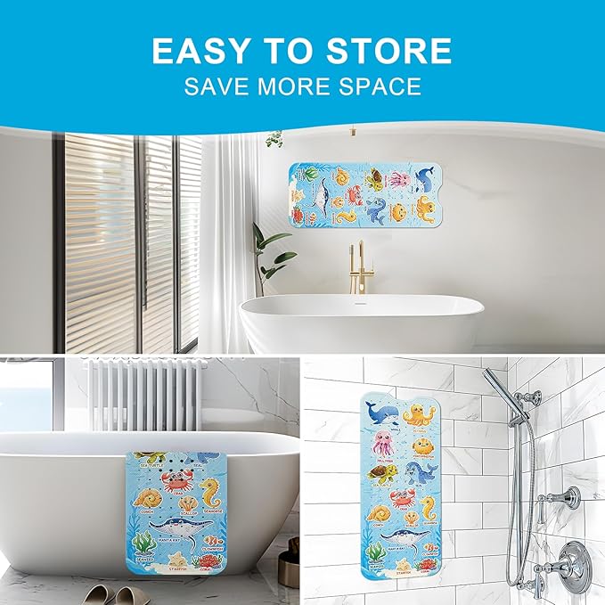 XIYUNTE Baby Bath Mat for Tub Non Slip Kids Bath Mat - 40"x16" Extra Long Bathtub Mat Non Slip Kids, Eco-Friendly Toddler Bath Mats with Suction Cups for Secure Grip, Easy to Clean & Easy Drying