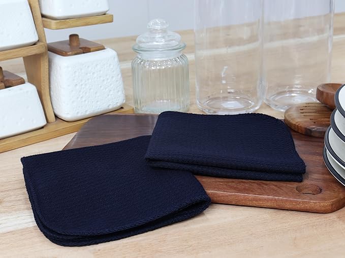 PurpleEssences Dish Cloths and Dish Rags - 6 Pack Waffle Weave Solid Kitchen Dish Wash Cloths, 100% Cotton, 12 x 12 Inches, Ultra Soft Absorbent Quick Drying Fall Thanksgiving - Navy Blue