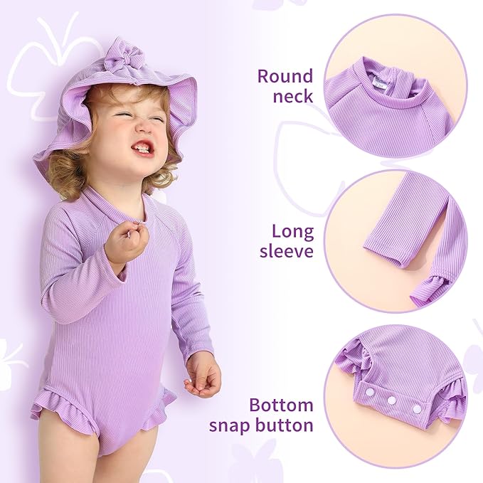 YOUNGER TREE Infant Baby Girls Swimsuit Long Sleeve Swimsuits One Piece Swimsuit Solid Color Bathing Suit with Hat, UPF 50+