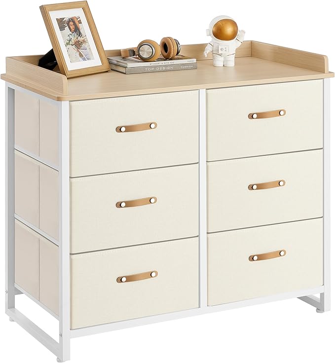 SONGMICS Kids Dresser with 6 Drawers, Boys Girls Dresser, with Water-Resistant Tabletop, Storage Organizer Cabinet, for Bedroom Hallway, Beige UGKR101K01
