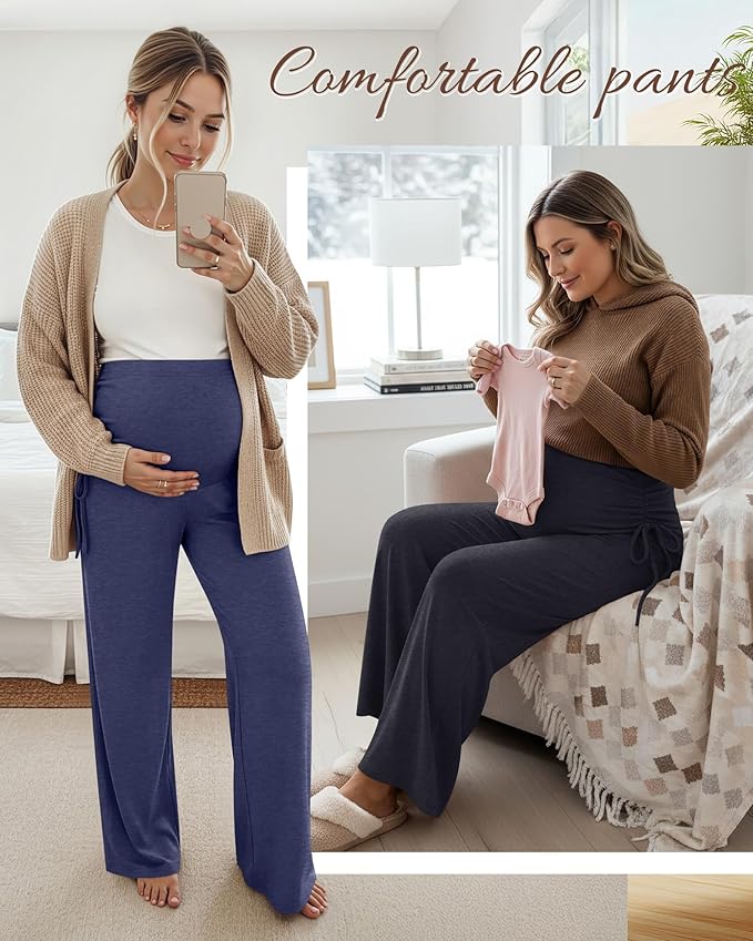Neer 3 Pack Women's Maternity Pants Over The Belly Loose Pregnancy Pants Stretchy Lounge Wide Leg Trousers with Pockets