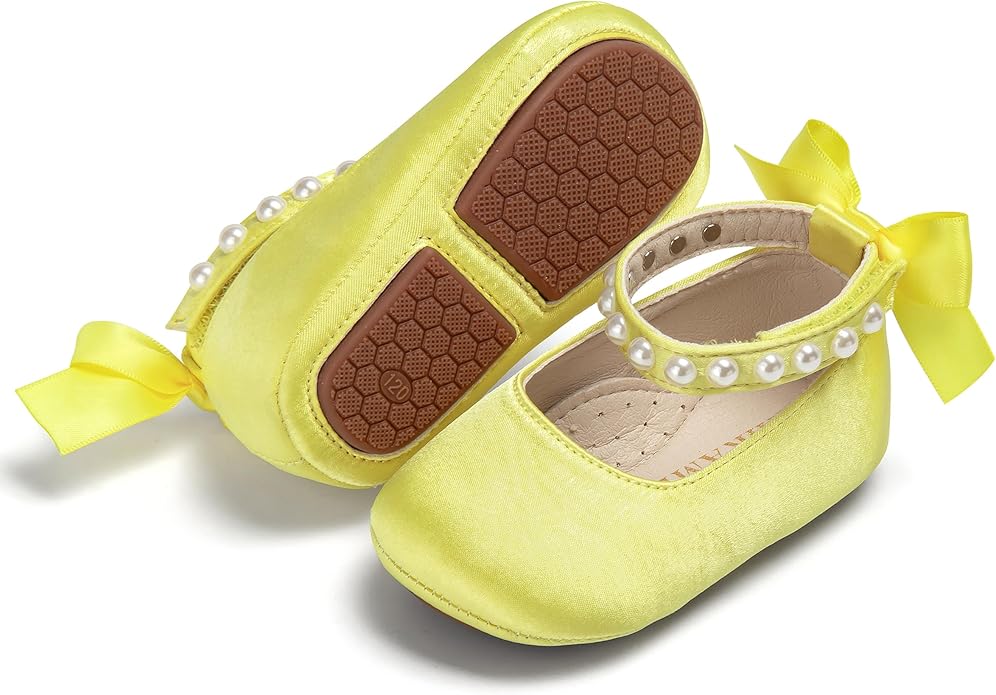 Baby Girls Mary Jane Flats - Infant Newborn Walking Shoes Soft Rubber Sole Princess Wedding