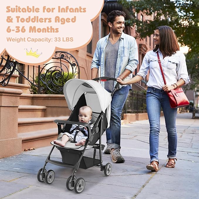 HONEY JOY Lightweight Stroller, Compact Travel Stroller for Airplane, Toddler Fold Pushchair w/Adjustable Canopy & Backrest, Storage Basket, Umbrella Stroller for Infants (Gray)