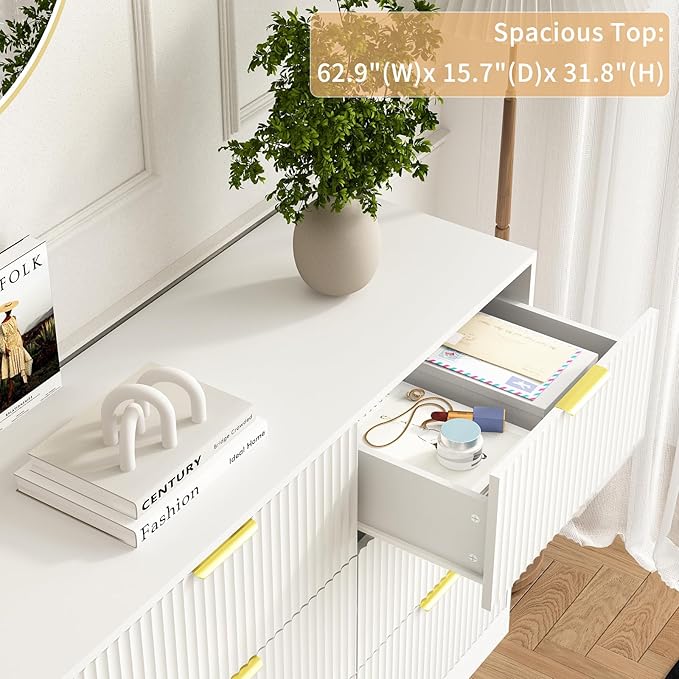 9 Drawer Dresser for Bedroom with Deep Drawers, 63" Wide Wood Dresser, Large Floor Chest of Drawers, Modern Long TV Stand, Storage Cabinet Side Table, White