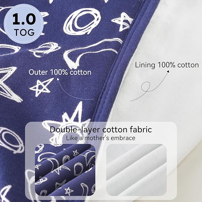 Baby Sleep Sack 0-6 Months 1.0 Tog Baby Wearable Blanket 100% Cotton Sleeping Sack with 2-Way Zipper for Infant Newborn Blue& Green space