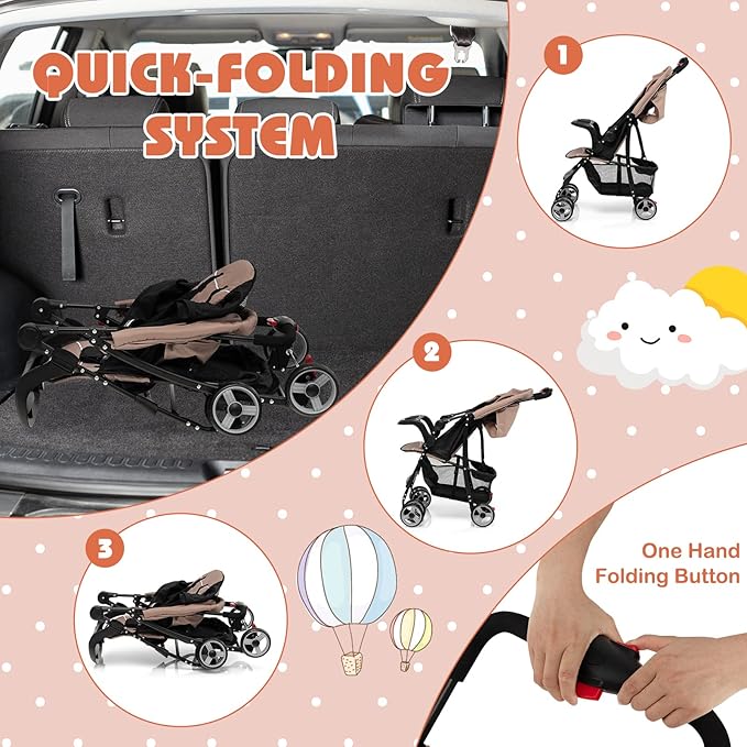 HONEY JOY Travel Stroller, Quick Fold Lightweight Baby Umbrella Stroller for Airplane, Adjustable Canopy & Backrest, Storage Basket, Removable Meal Tray, Compact Stroller Newborn and Toddler(Coffee)