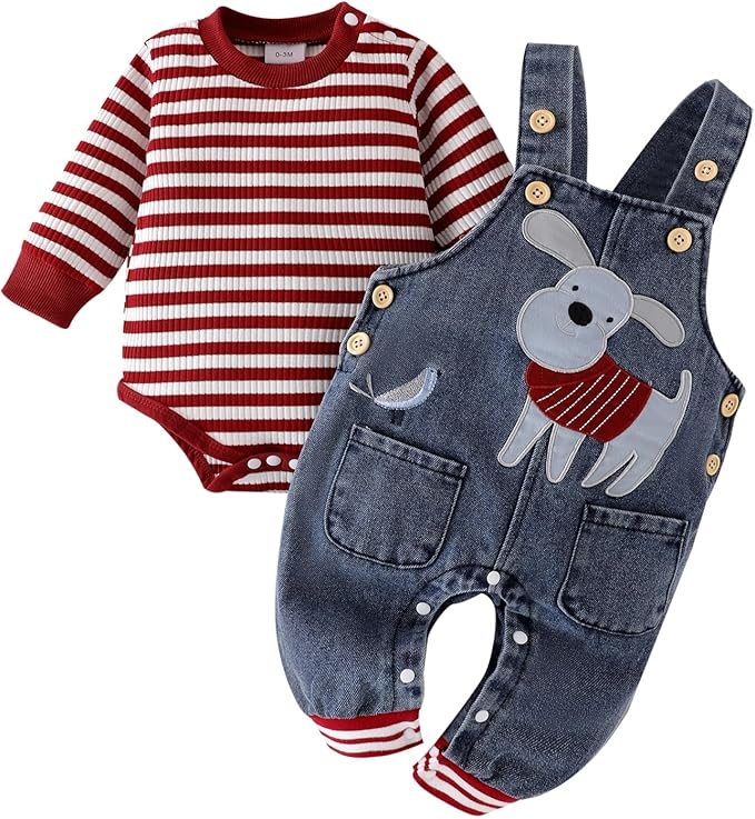 Baby Boy Clothes Fall Winter Outfits Long Sleeve Striped Romper Cute Cartoon Jeans Overalls Pants Set 0-18 Months