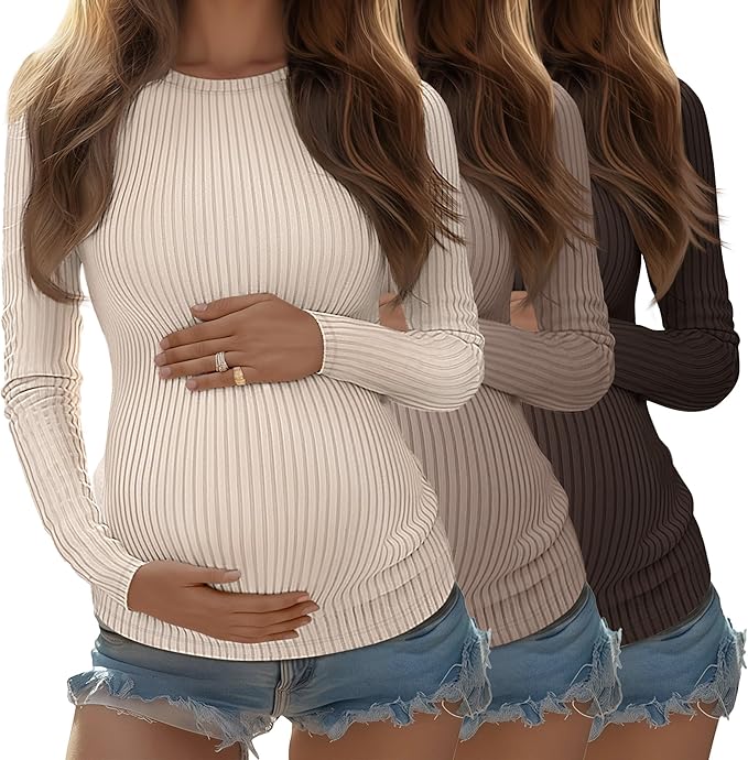 Riyiper 3 Pack Women's Maternity Shirts Long Sleeve Ribbed Knit Pregnancy Tees Cotton Crewneck Tunic Clothes Casual Fall Tops