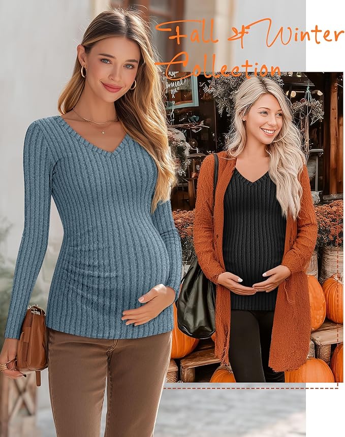 Ficerd 3 Pack Women's Maternity Shirts Ribbed Long Sleeve Pregnancy Tops V Neck Knit Side Ruched Pregnant Clothes Sweater