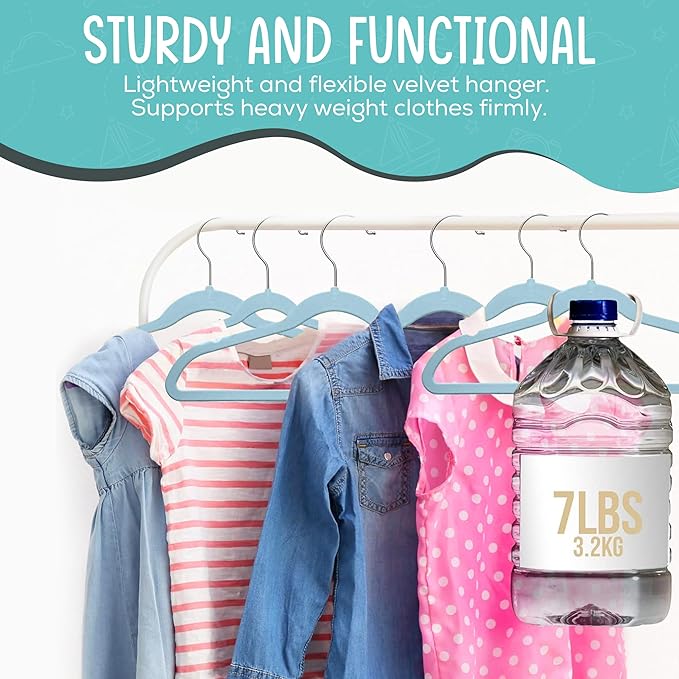 50 Premium Kids Velvet Hangers - 14" Non-Slip Ultra Slim Space-Saving Clothes Hangers with 360° Swivel Hook - Strong & Durable Hangers for Children & Preteens Wardrobe - Blue