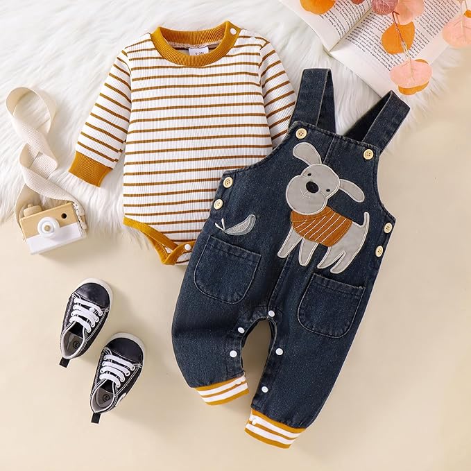 Baby Boy Clothes Fall Winter Outfits Long Sleeve Striped Romper Cute Cartoon Jeans Overalls Pants Set 0-18 Months