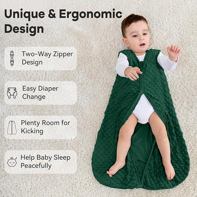 Fleece Baby Sleep Sack 6-12 Months with Plush Dots 1.5 Tog Baby Wearable Blanket with 2-Way Zipper Warm Sleeping Sack for Toddler Infant Newborn - Medium, Forest Green