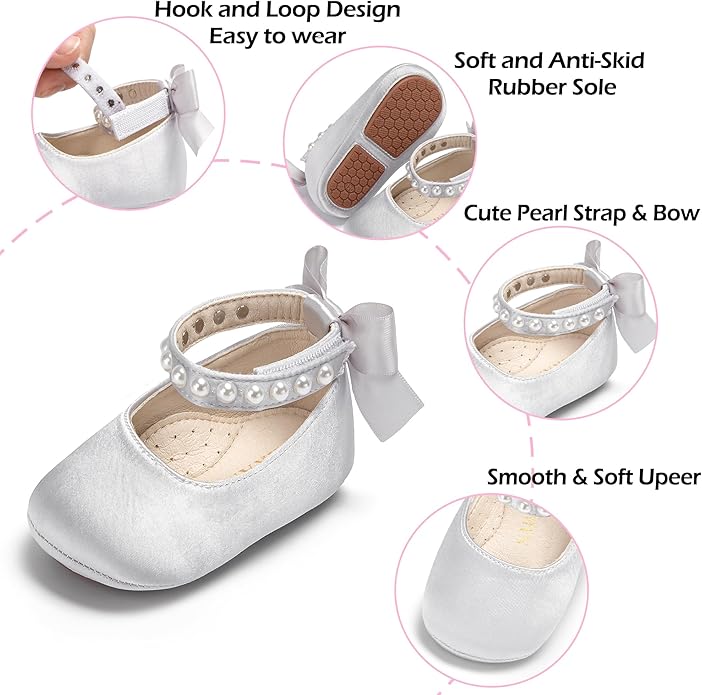 Baby Girls Mary Jane Flats - Infant Newborn Walking Shoes Soft Rubber Sole Princess Wedding