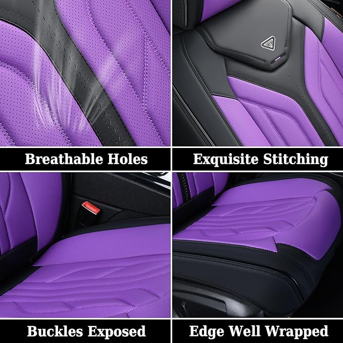Coverado Car Seat Covers Full Set, Car Seat Protectors Leather Seat Covers for Cars, Automotive Seat Covers Car Accessories Universal Fit for Most Sedans SUV Pick-up Truck(Black&Purple)