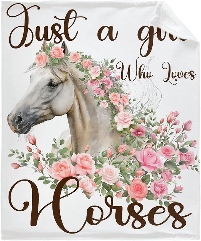 Just A Girl Who Loves Horses Blanket for Boys Girls, Flowers Animals Kids Throw Blanket Gift for Child, Fluffy Cozy Soft Lightweight Blankets for Bed Office, 40x50 Inches