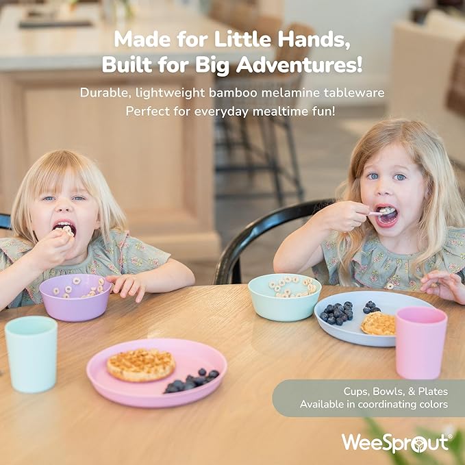 WeeSprout Bamboo Plates with Silicone Lids, Set of 4, Kid-Sized Dinnerware, Cereal, Leftovers & Snacks, Dishwasher Safe Melamine Dishware (Blue, Yellow, Orange, and Red)