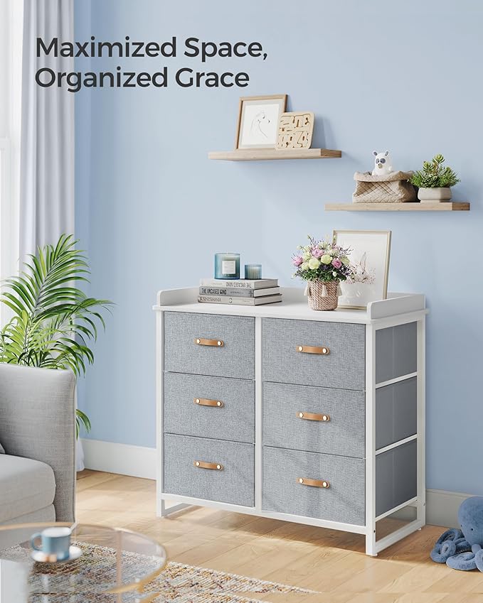 SONGMICS Kids Dresser with 6 Drawers, Boys Girls Dresser, with Water-Resistant Tabletop, Storage Organizer Cabinet, for Bedroom Hallway, Gray UGKR101G01