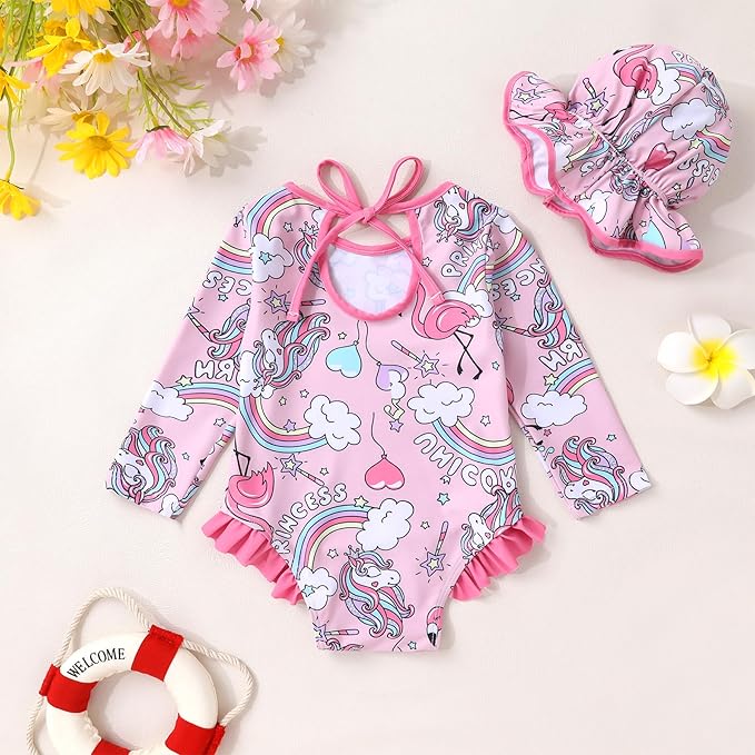 YOUNGER TREE Infant Baby Girls Swimsuit Long Sleeve Swimsuits One Piece Swimsuit Solid Color Bathing Suit with Hat, UPF 50+