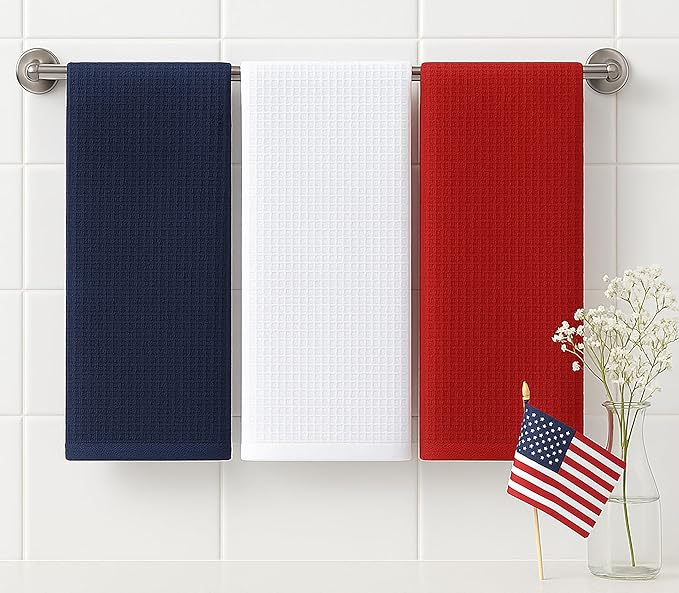 PurpleEssences 4th of July Waffle Weave Kitchen Towel, 100% Cotton 15x25 Inch, with Hanging Loop Ultra Soft Absorbent Quick Drying Dish Cloth, Tea & Hand Towels, 6 Pack Veterans Day Red Blue White