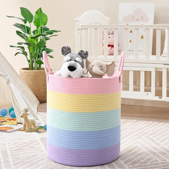 52L Rainbow Storage Basket for Organizing, 15"×18" Large Tall Laundry Baskets, Cotton Rope Woven Blanket Basket, Toy Storage for Kids, Collapsible Laundry Hamper for Living Room, Nursery Room