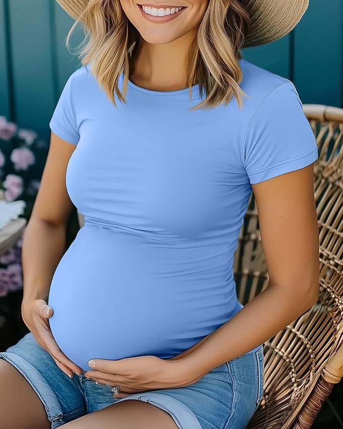 Huukeay 4 Pack Women's Maternity Shirts, Crew Neck Maternity Top Short Sleeve Casual Cotton Tee Side Ruched Pregnancy Clothes