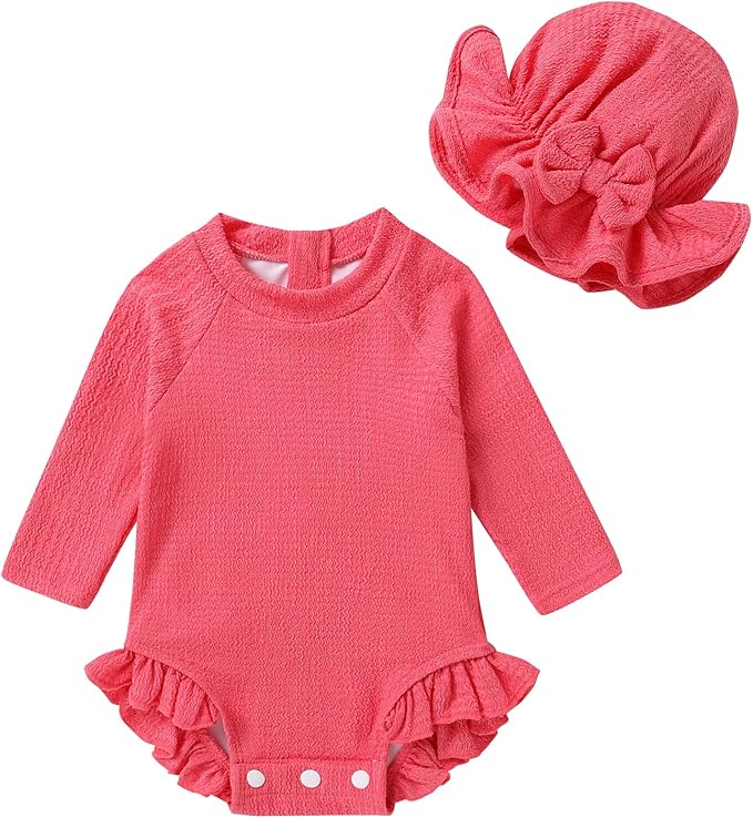 YOUNGER TREE Infant Baby Girls Swimsuit Long Sleeve Swimsuits One Piece Swimsuit Solid Color Bathing Suit with Hat, UPF 50+
