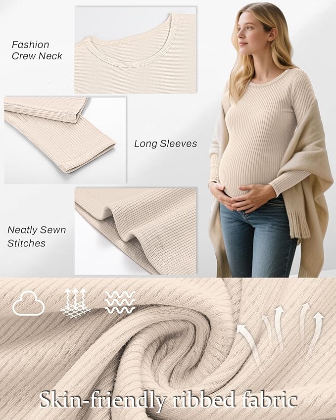Riyiper 3 Pack Women's Maternity Shirts Long Sleeve Ribbed Knit Pregnancy Tees Cotton Crewneck Tunic Clothes Casual Fall Tops