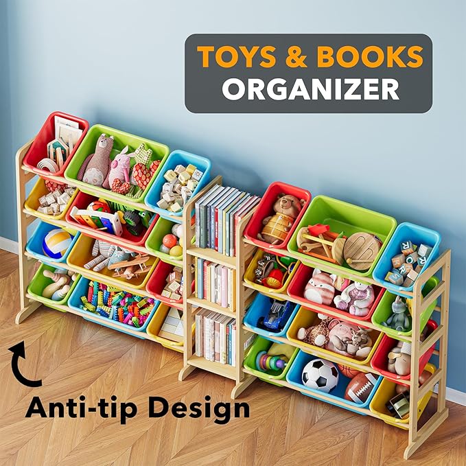 SpaceAid Large Toy Storage Organizer with 24 Bins and 3 Shelves, Toy Organizers Storage Bookshelf, Kids Bin Shelf Box Bookcase for Bedroom Playroom Organization Room Decor, Multi-Colored