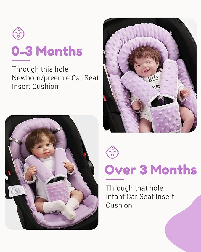 Infant Car Seat Insert with Removable Cushion for Baby Preemie Newborn Infant, Reversible carseat Insert Head Body Support Fits for Stroller, Baby Swing, Rocker, Bouncer, Bassinet - Purple