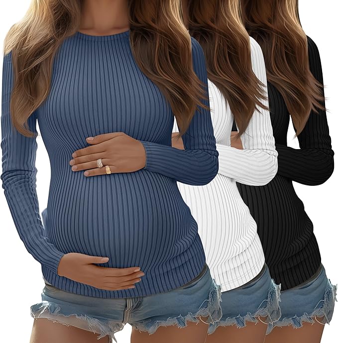 Riyiper 3 Pack Women's Maternity Shirts Long Sleeve Ribbed Knit Pregnancy Tees Cotton Crewneck Tunic Clothes Casual Fall Tops