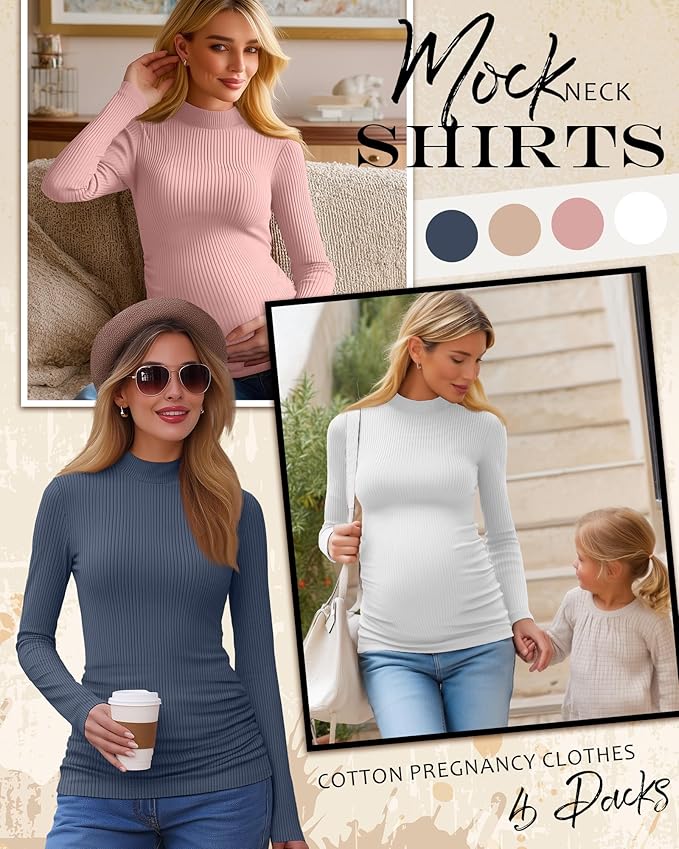 4 Packs Womens Maternity Shirts Long Sleeve Cotton Ribbed Pregnancy Mock Neck Side Ruched Workout Tops for Mama