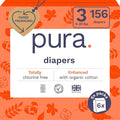 Pura Hypoallergenic Diapers, Size 3 (9-20 lbs) Monthly Pack, Overnight, up to 12 Hours Leak Protection, Suitable for Sensitive Skin, TCF, Super Soft Organic Cotton, 6 Packs of 26 (156 Baby Diapers)