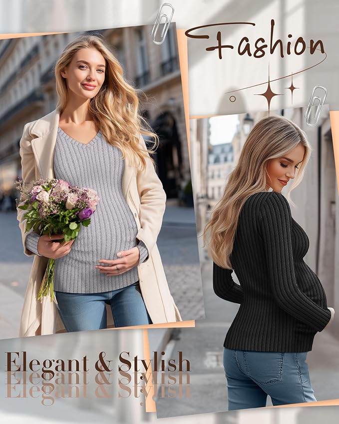 Ficerd 3 Pack Women's Maternity Shirts Ribbed Long Sleeve Pregnancy Tops V Neck Knit Side Ruched Pregnant Clothes Sweater