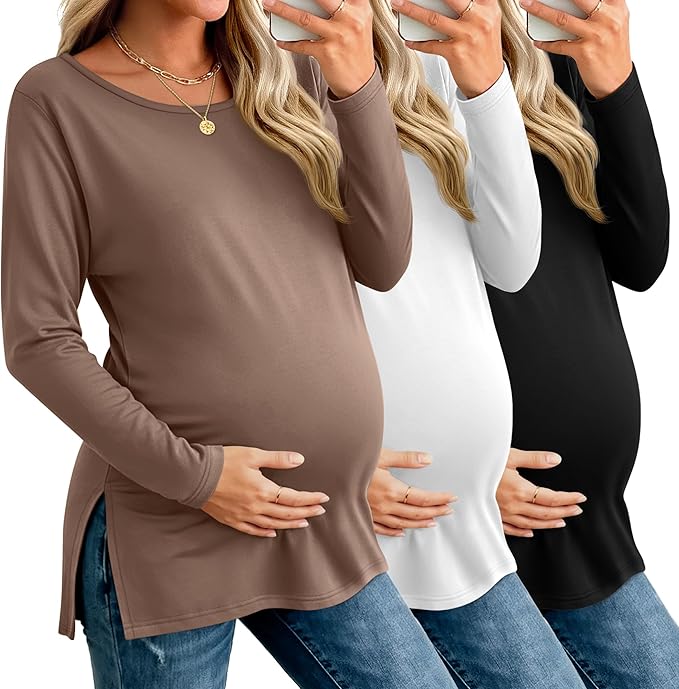 Riyiper 3 Pack Women's Maternity Long Sleeve T-Shirts Round Neck Side Split Tops Loose Casual Pregnancy Mama Clothes Fall