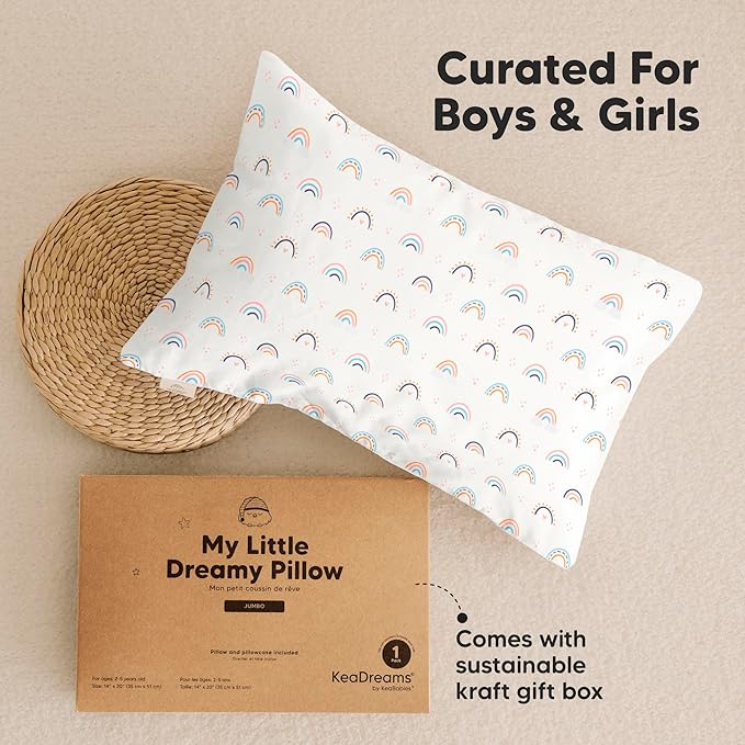 KeaBabies Toddler Pillow with Pillowcase, Jumbo 14X20 - Soft Organic Cotton Toddler Pillows for Sleeping - Machine Washable - Perfect for Travel, Toddler Bed Set (Flutter)