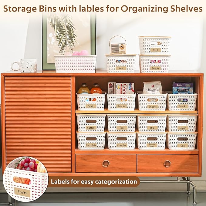 8 Pack Plastic Storage Bins with Bamboo Lids - Stackable Storage Baskets with Handle for Pantry Organizer and Storage, Plastic Containers Bins for Kitchen Bathroom Classroom Office Shelves