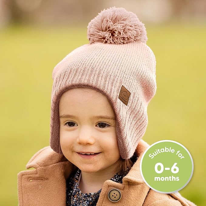 Baby Beanies, Baby Hats for Boys, Girls - Cute Toddler Winter Hat, Soft & Stretchy Beanies for Infant, Newborn 0-6 Months, Cozy & Warm with Earflap Muff & Pom (Blush, S)