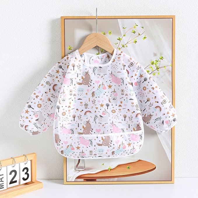 Sleeved Bib,5 Pack,Waterproof Shirt Bibs for Baby 3-24 Months Wipe Clean