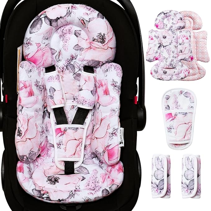 Infant Car Seat Insert, Enlarged Head Support for Baby Carseat, Reversible Newborn Insert with 3 Strap Covers, 2-in-1 Baby Car Seat Cushion for Stroller, Swing, Bouncer, Rocker - Pink Floral