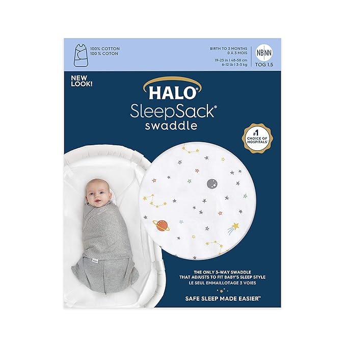 HALO 100% Cotton Sleepsack Swaddle, 3-Way Adjustable Wearable Blanket, TOG 1.5, Space, Newborn, 0-3 Months